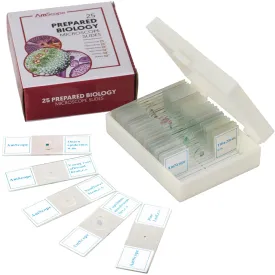 AmScope 25pc Prepared Glass Microscope Slides in Plastic Case with Plant, Fungus, Insect and Mammal Specimens