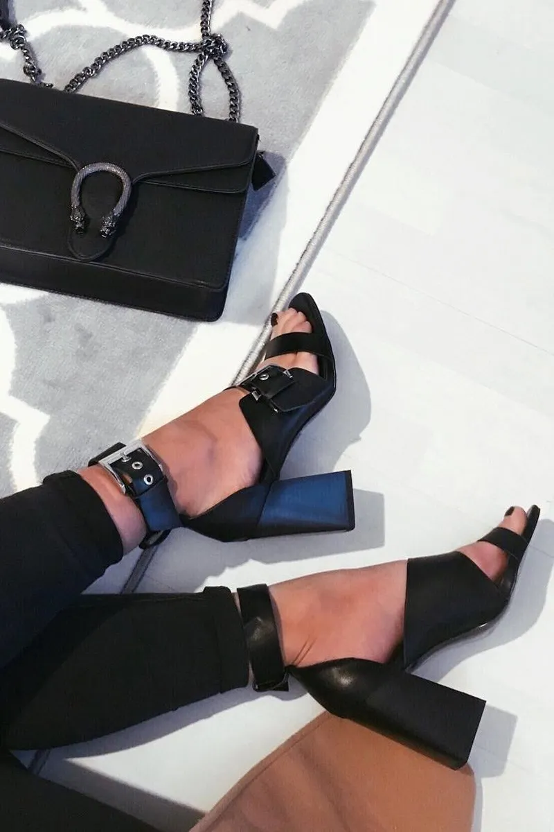 Black Buckle Block Heels - Cadie