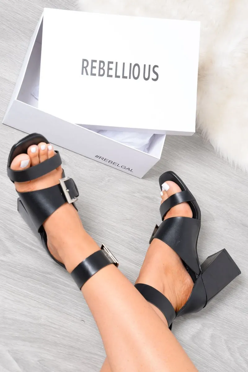 Black Buckle Block Heels - Cadie