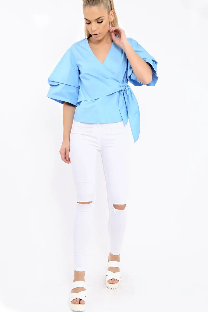 Blue Tie Around The Waist Ruched Sleeve Top - Eillish