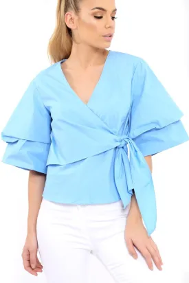 Blue Tie Around The Waist Ruched Sleeve Top - Eillish