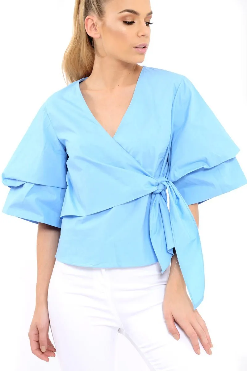 Blue Tie Around The Waist Ruched Sleeve Top - Eillish