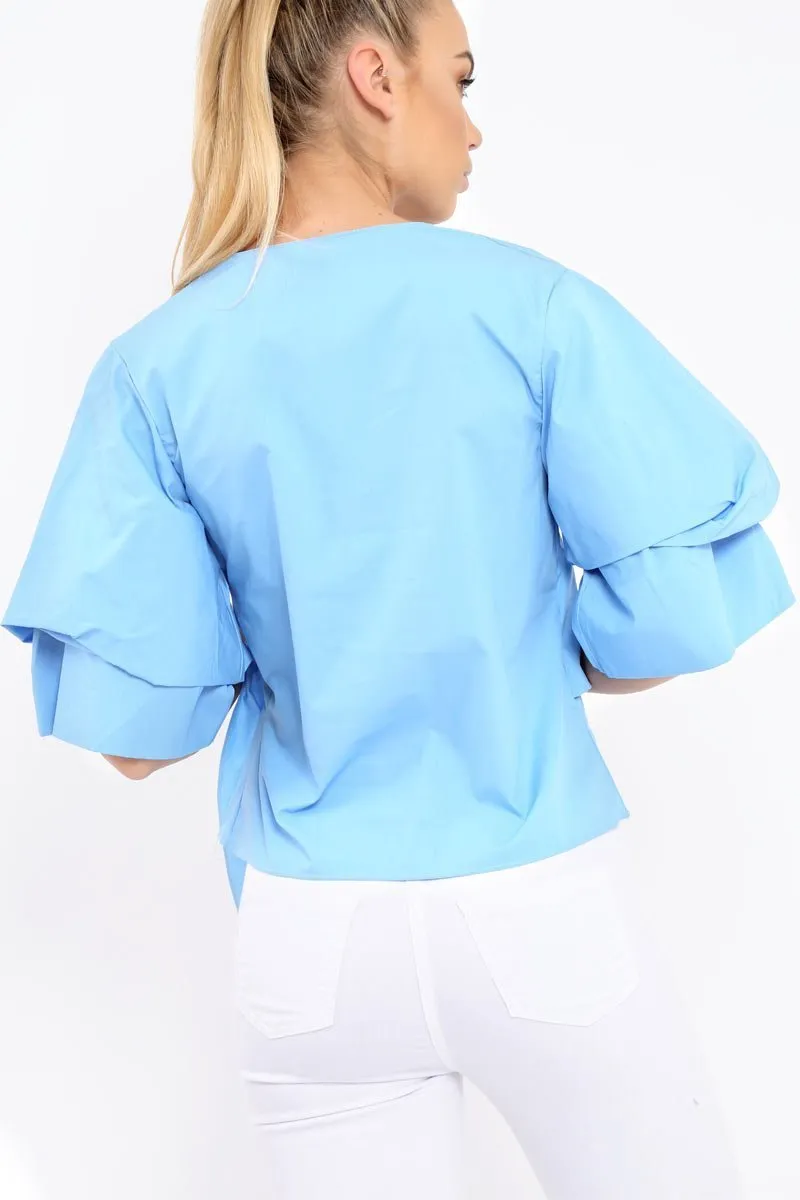 Blue Tie Around The Waist Ruched Sleeve Top - Eillish