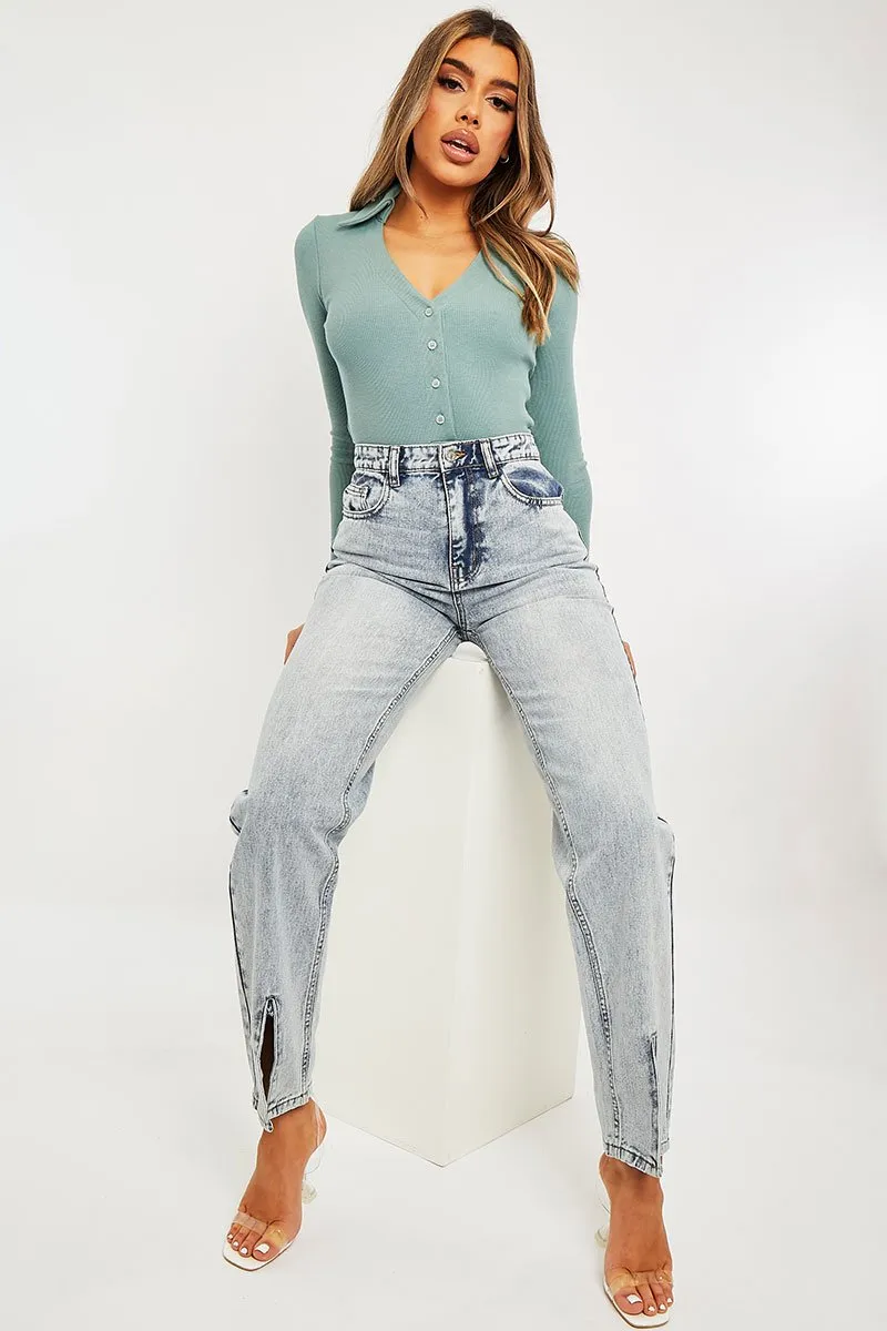 Blue Wash Split Front Straight Jeans - Lilyrose