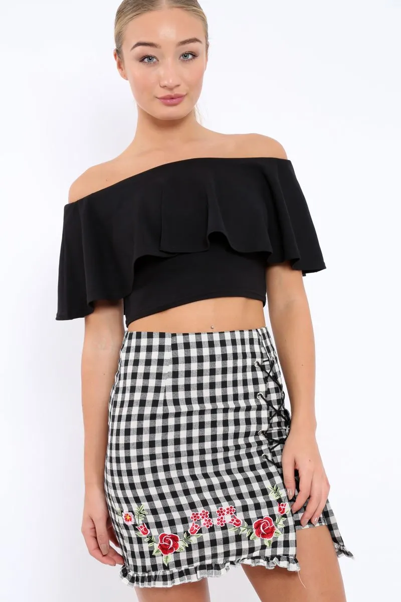 Gingham Lace up Skirt with Floral Embroidery - Juliet
