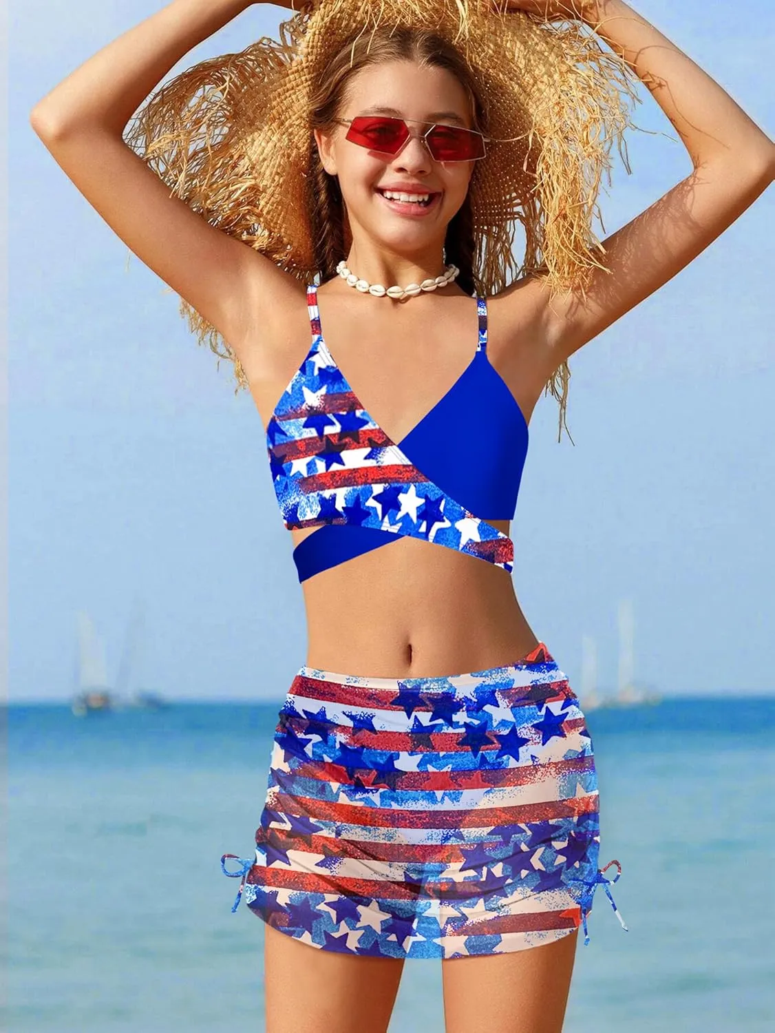 Girls Swimsuits 3 Piece Bathing Suit Allover Printed Criss Cross Bikini Set with Cover Up Skirt Beach Swimwear 7-16 Years