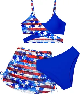 Girls Swimsuits 3 Piece Bathing Suit Allover Printed Criss Cross Bikini Set with Cover Up Skirt Beach Swimwear 7-16 Years