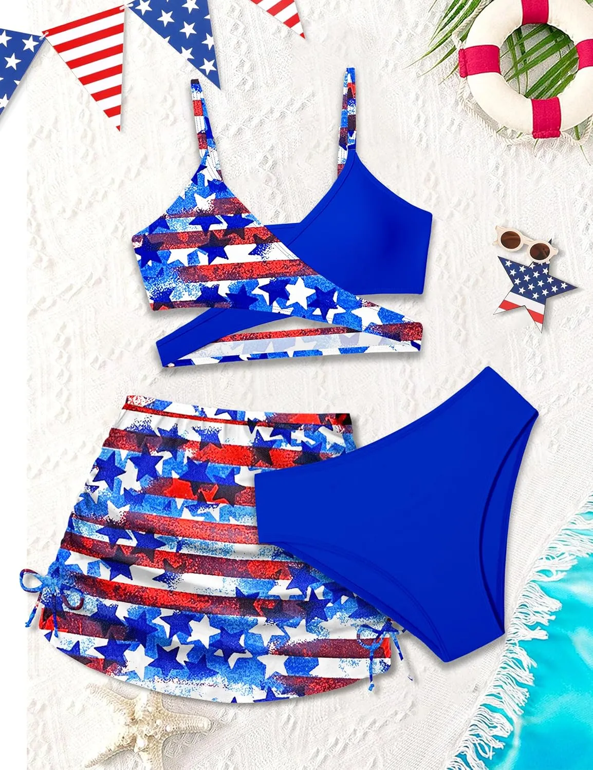 Girls Swimsuits 3 Piece Bathing Suit Allover Printed Criss Cross Bikini Set with Cover Up Skirt Beach Swimwear 7-16 Years