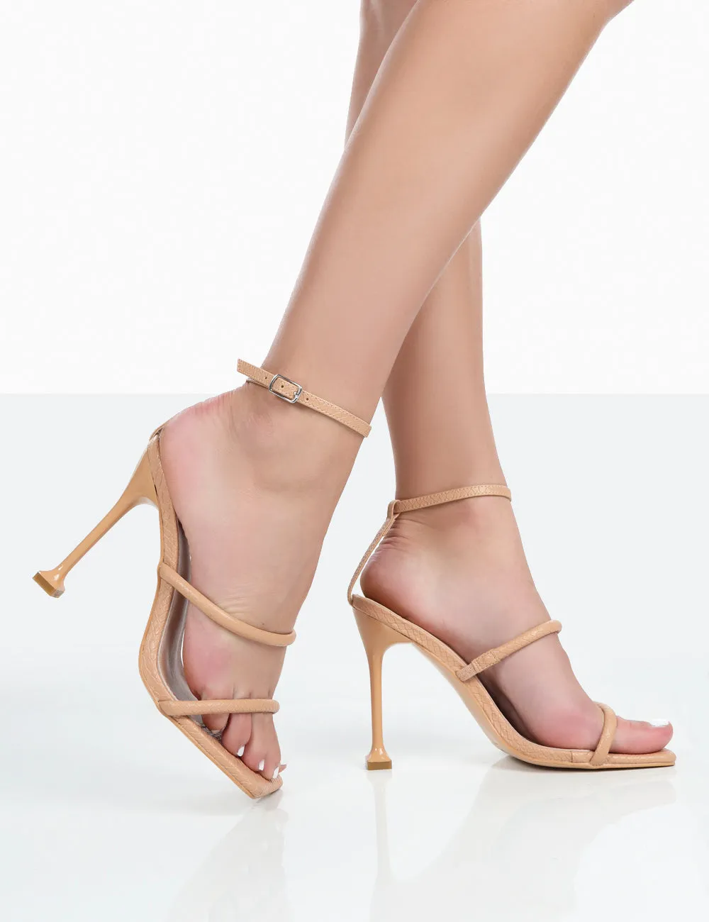 Kallipo Nude Reptile Pu Strappy Square Toe Heels