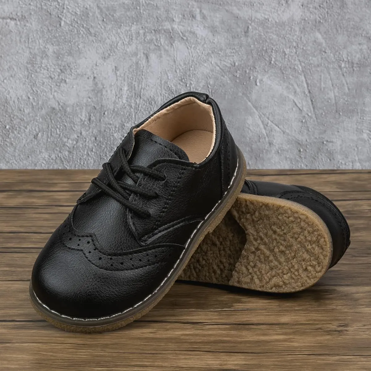 Meckior Toddler Boys Girls Black Dress Shoes Little Kid Oxford Shoes Wedding Church Dress Shoes PU Leather Lace Up School Uniform Loafer Flats