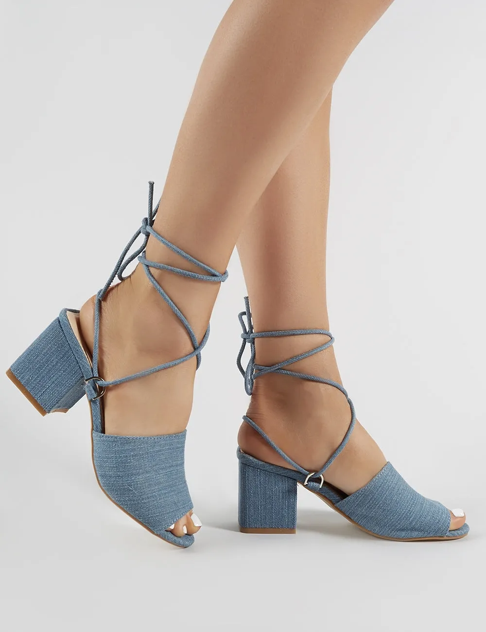 Paddington Lace Up Block Heeled Mules in Denim