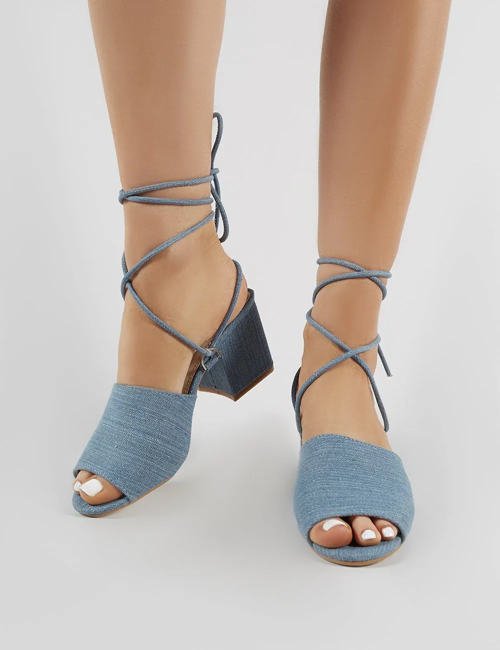 Paddington Lace Up Block Heeled Mules in Denim