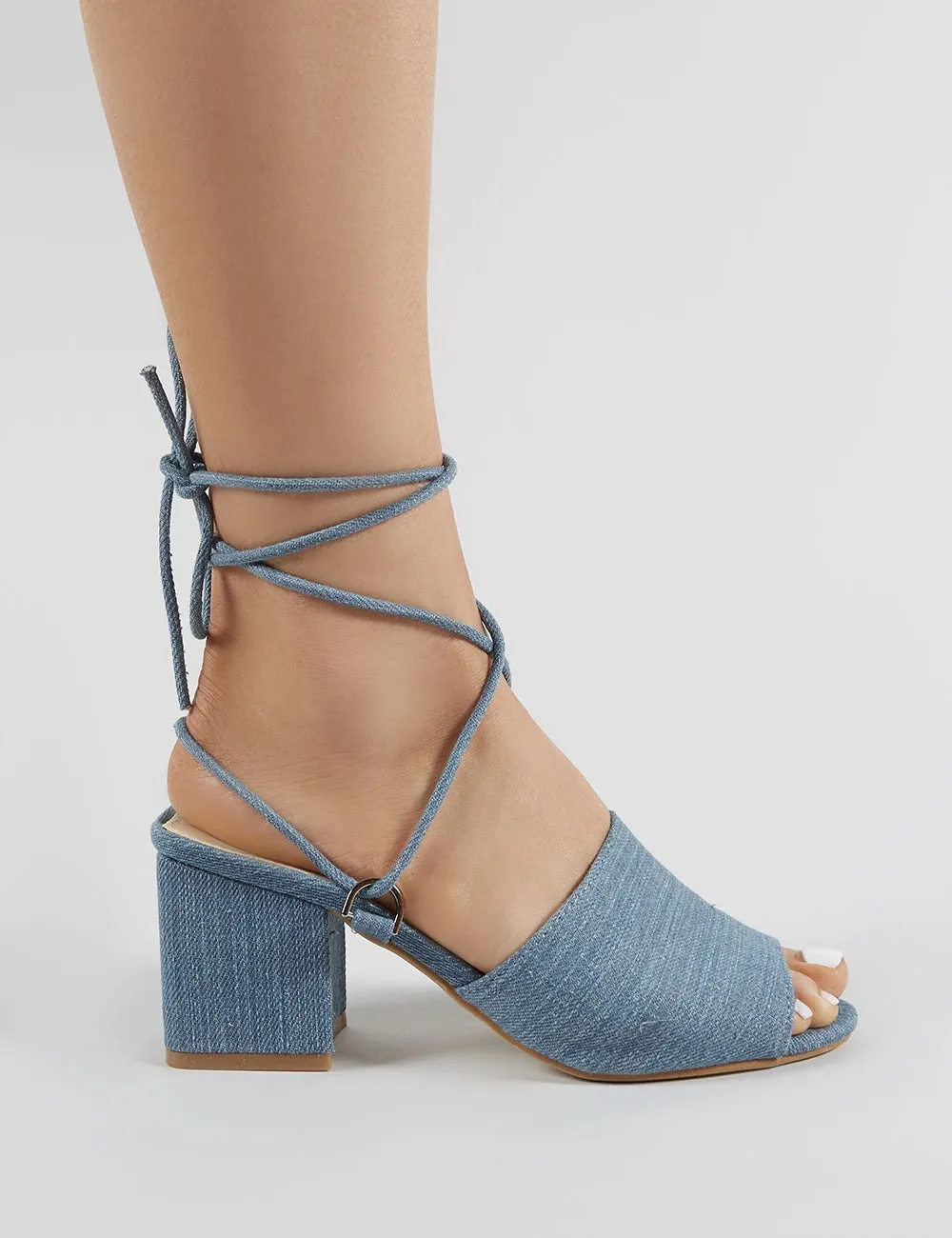 Paddington Lace Up Block Heeled Mules in Denim