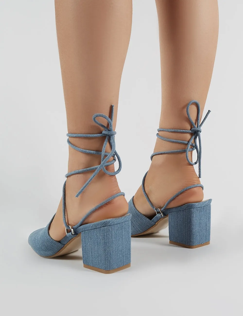 Paddington Lace Up Block Heeled Mules in Denim